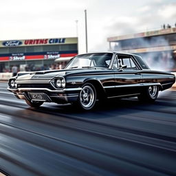 A black 1965 Ford Thunderbird drag car, prominently showcased in a dynamic racing scene