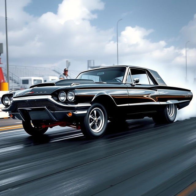 A black 1965 Ford Thunderbird drag car, prominently showcased in a dynamic racing scene