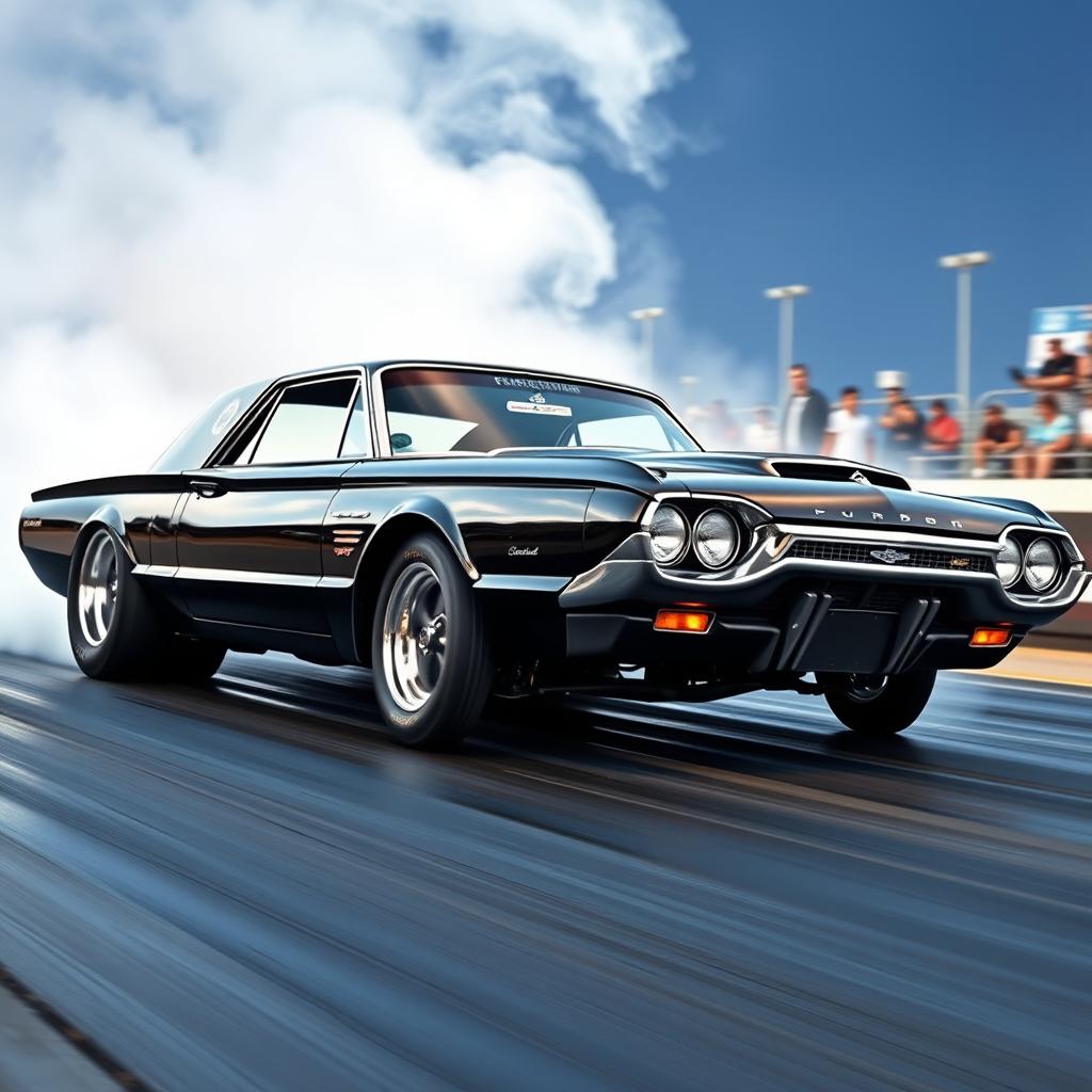 A black 1965 Ford Thunderbird drag car, prominently showcased in a dynamic racing scene