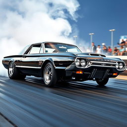 A black 1965 Ford Thunderbird drag car, prominently showcased in a dynamic racing scene