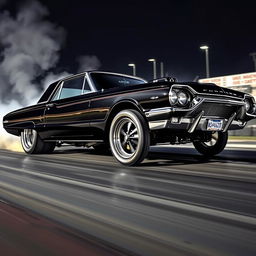A black 1965 Ford Thunderbird drag car, prominently showcased in a dynamic racing scene