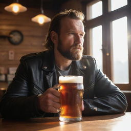 A rugged biker sipping beer in a dimly-lit bar, with sunlight streaming in, creating a vibrant sun glare