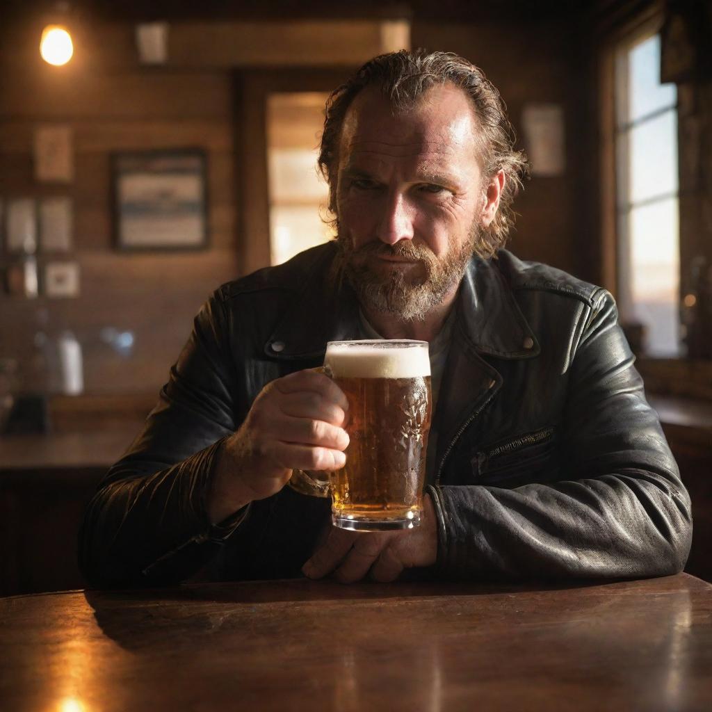 A rugged biker sipping beer in a dimly-lit bar, with sunlight streaming in, creating a vibrant sun glare