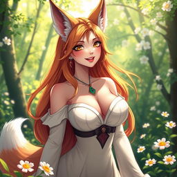 A beautiful female fox spirit, depicted as an enchanting woman with large, prominent breasts and a warm, friendly smile