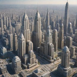 A highly detailed futuristic city with a prominent skyscraper built in Art Deco style