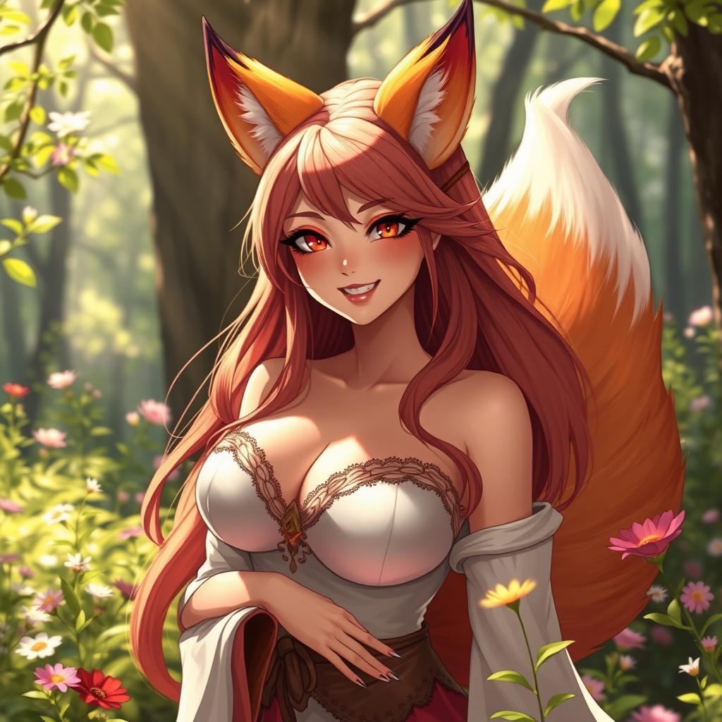 A beautiful female fox spirit, depicted as an enchanting woman with large, prominent breasts and a warm, friendly smile