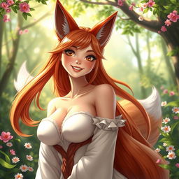 A beautiful female fox spirit, depicted as an enchanting woman with large, prominent breasts and a warm, friendly smile