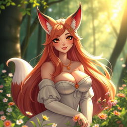 A beautiful female fox spirit, depicted as an enchanting woman with large, prominent breasts and a warm, friendly smile