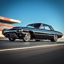 A striking black 1965 Ford Thunderbird transformed into a fierce drag car, showcasing its sleek profile and aggressive stance