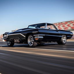 A striking black 1965 Ford Thunderbird transformed into a fierce drag car, showcasing its sleek profile and aggressive stance