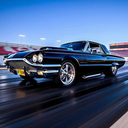 A striking black 1965 Ford Thunderbird transformed into a fierce drag car, showcasing its sleek profile and aggressive stance