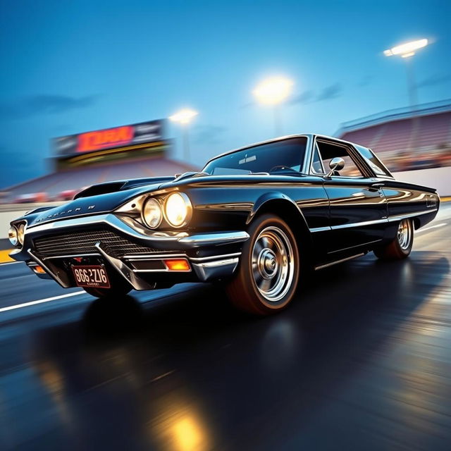 A striking black 1965 Ford Thunderbird transformed into a fierce drag car, showcasing its sleek profile and aggressive stance