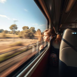A dynamic shot of a moving train from the outside, capturing the sleek design and motion blur of the train as it speeds along the track