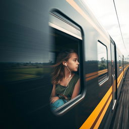 A dynamic shot of a moving train from the outside, capturing the sleek design and motion blur of the train as it speeds along the track