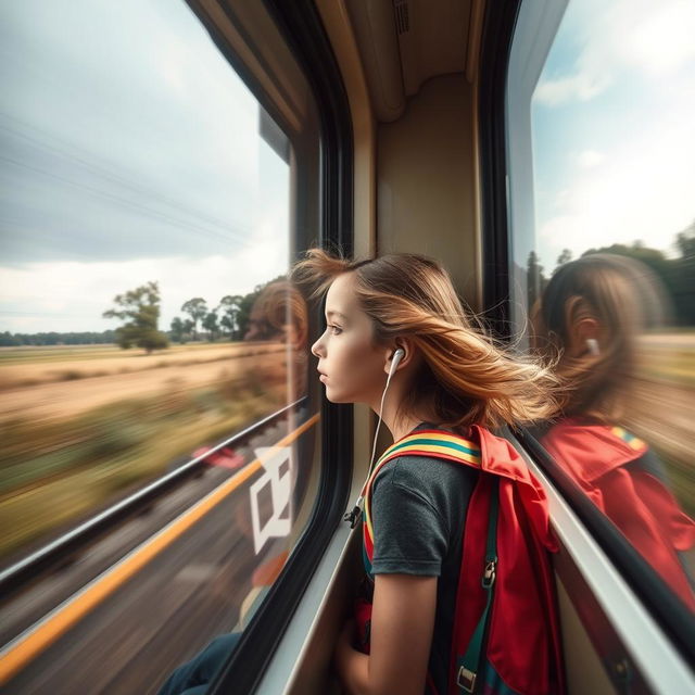 A dynamic shot of a moving train from the outside, capturing the sleek design and motion blur of the train as it speeds along the track