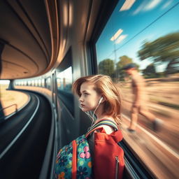 A dynamic shot of a moving train from the outside, capturing the sleek design and motion blur of the train as it speeds along the track
