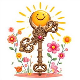 A bright and warm illustration of a large, ornate, antique key surrounded by colorful symbols of happiness such as smiling sun, blooming flowers, and playful animals