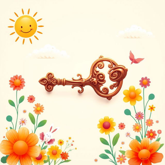 A bright and warm illustration of a large, ornate, antique key surrounded by colorful symbols of happiness such as smiling sun, blooming flowers, and playful animals