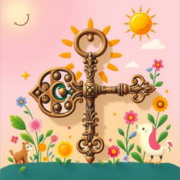 A bright and warm illustration of a large, ornate, antique key surrounded by colorful symbols of happiness such as smiling sun, blooming flowers, and playful animals