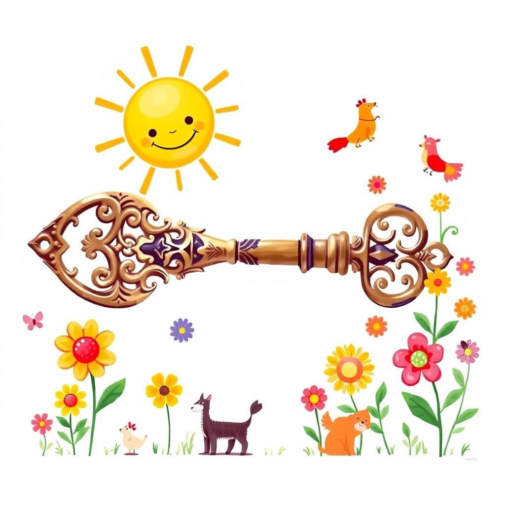 A bright and warm illustration of a large, ornate, antique key surrounded by colorful symbols of happiness such as smiling sun, blooming flowers, and playful animals