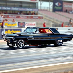 A stunning black 1965 Ford Thunderbird drag car, featuring oversized chrome wheels that gleam under the sunlight