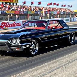 A stunning black 1965 Ford Thunderbird drag car, featuring oversized chrome wheels that gleam under the sunlight