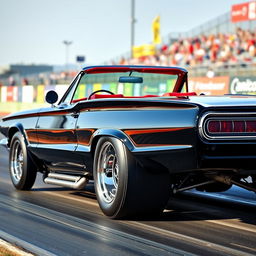 A stunning black 1965 Ford Thunderbird drag car, featuring oversized chrome wheels that gleam under the sunlight