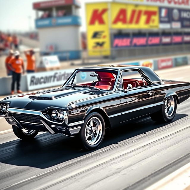 A stunning black 1965 Ford Thunderbird drag car, featuring oversized chrome wheels that gleam under the sunlight