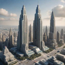 A highly detailed futuristic city with a prominent skyscraper built in Art Deco style