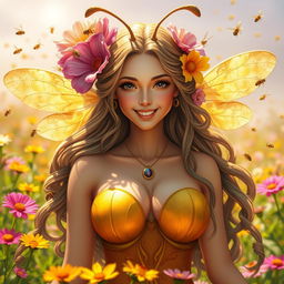 A mesmerizing female bee spirit, depicted as a beautiful woman with large, prominent breasts and a sweet, kind smile
