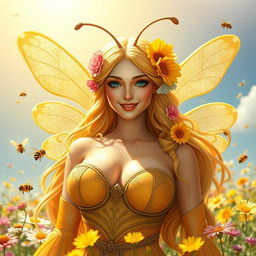 A mesmerizing female bee spirit, depicted as a beautiful woman with large, prominent breasts and a sweet, kind smile