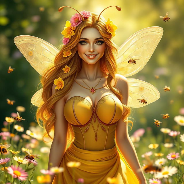 A mesmerizing female bee spirit, depicted as a beautiful woman with large, prominent breasts and a sweet, kind smile