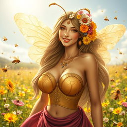A mesmerizing female bee spirit, depicted as a beautiful woman with large, prominent breasts and a sweet, kind smile