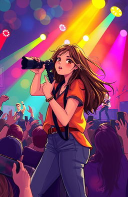 A romantic illustration of a young woman passionately holding a camera, capturing moments of a famous rock band on stage