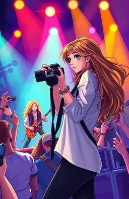 A romantic illustration of a young woman passionately holding a camera, capturing moments of a famous rock band on stage