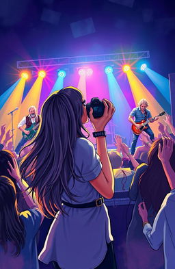 A romantic illustration of a young woman passionately holding a camera, capturing moments of a famous rock band on stage