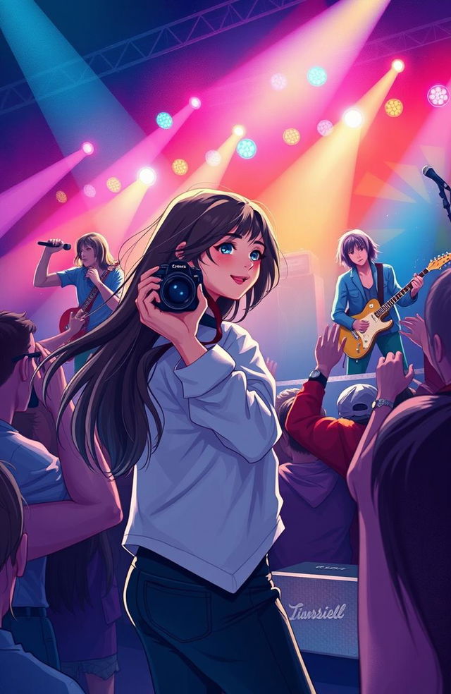 A romantic illustration of a young woman passionately holding a camera, capturing moments of a famous rock band on stage