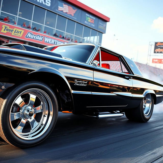 A stunning black 1965 Ford Thunderbird drag car featuring large, shiny chrome wheels that reflect the light beautifully