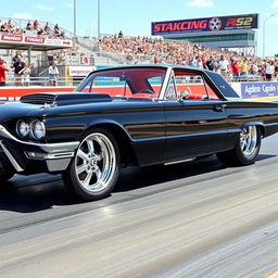 A stunning black 1965 Ford Thunderbird drag car featuring large, shiny chrome wheels that reflect the light beautifully