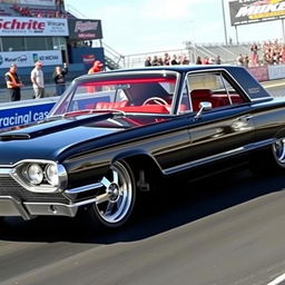 A stunning black 1965 Ford Thunderbird drag car featuring large, shiny chrome wheels that reflect the light beautifully