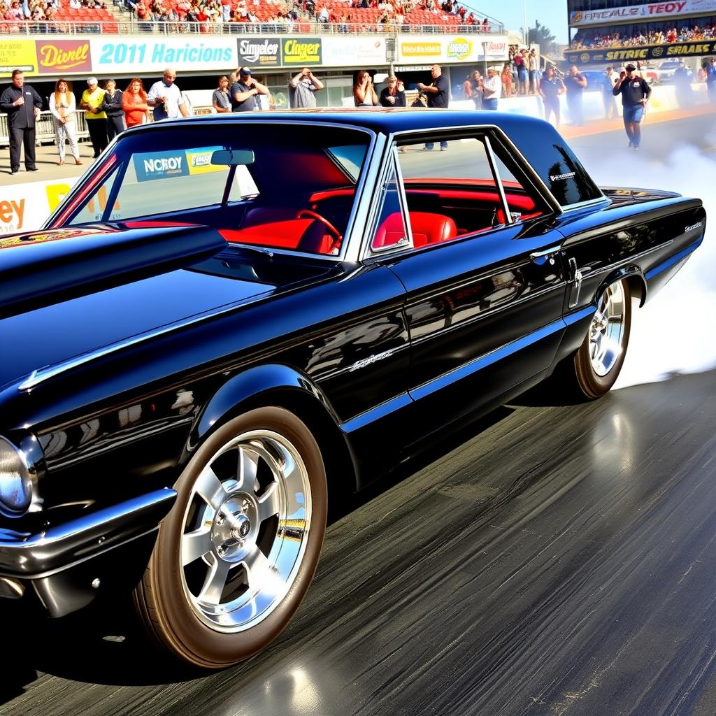 A stunning black 1965 Ford Thunderbird drag car featuring large, shiny chrome wheels that reflect the light beautifully