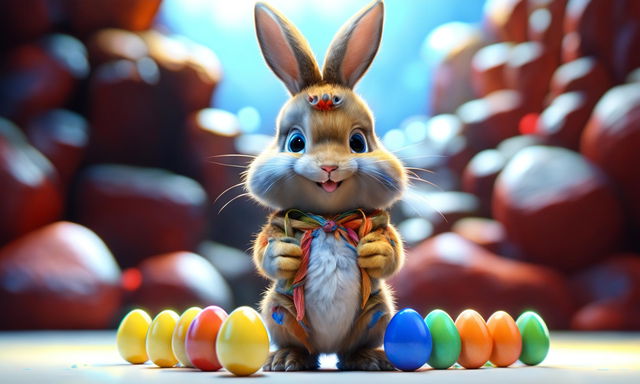 A 3D Pixar-style image of a cute young Easter bunny holding intricately designed Easter eggs