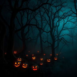 An ominous forest at night, filled with towering, gnarled trees whose branches twist and turn like skeletal fingers against a dark sky