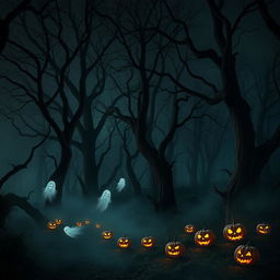 An ominous forest at night, filled with towering, gnarled trees whose branches twist and turn like skeletal fingers against a dark sky