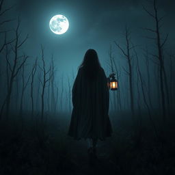 A dark and misty forest scene featuring no grass and dead trees under a moonlit night sky with no stars visible