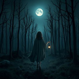 A dark and misty forest scene featuring no grass and dead trees under a moonlit night sky with no stars visible