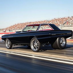 A striking black 1965 Ford Thunderbird drag car featuring oversized chrome wheels that gleam under the sunlight