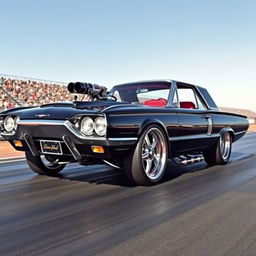 A striking black 1965 Ford Thunderbird drag car featuring oversized chrome wheels that gleam under the sunlight