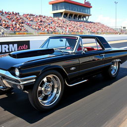 A striking black 1965 Ford Thunderbird drag car featuring oversized chrome wheels that gleam under the sunlight