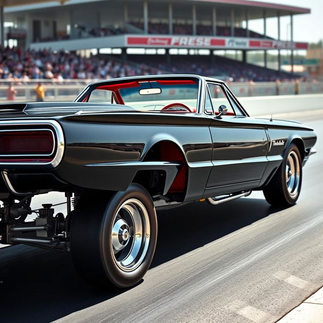 A striking black 1965 Ford Thunderbird drag car featuring oversized chrome wheels that gleam under the sunlight